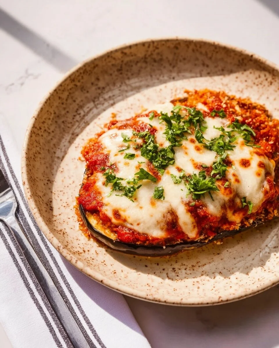 Crispy baked eggplant parmesan served on a plate with sauce and cheese