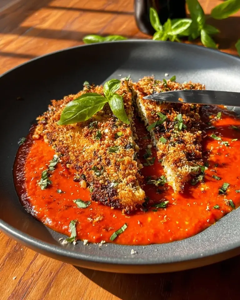 Crispy eggplant schnitzel served with fresh tomato sauce on a plate