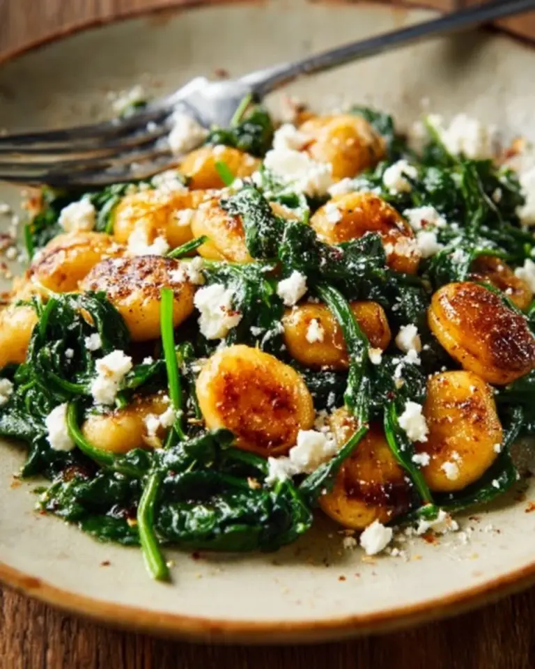 Crispy gnocchi with spinach and feta served on a plate