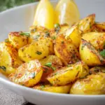 Crispy Greek Lemon Potatoes served in a dish, showcasing their golden texture.