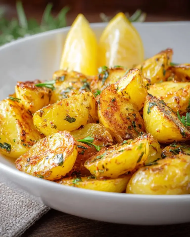 Crispy Greek Lemon Potatoes served in a dish, showcasing their golden texture.