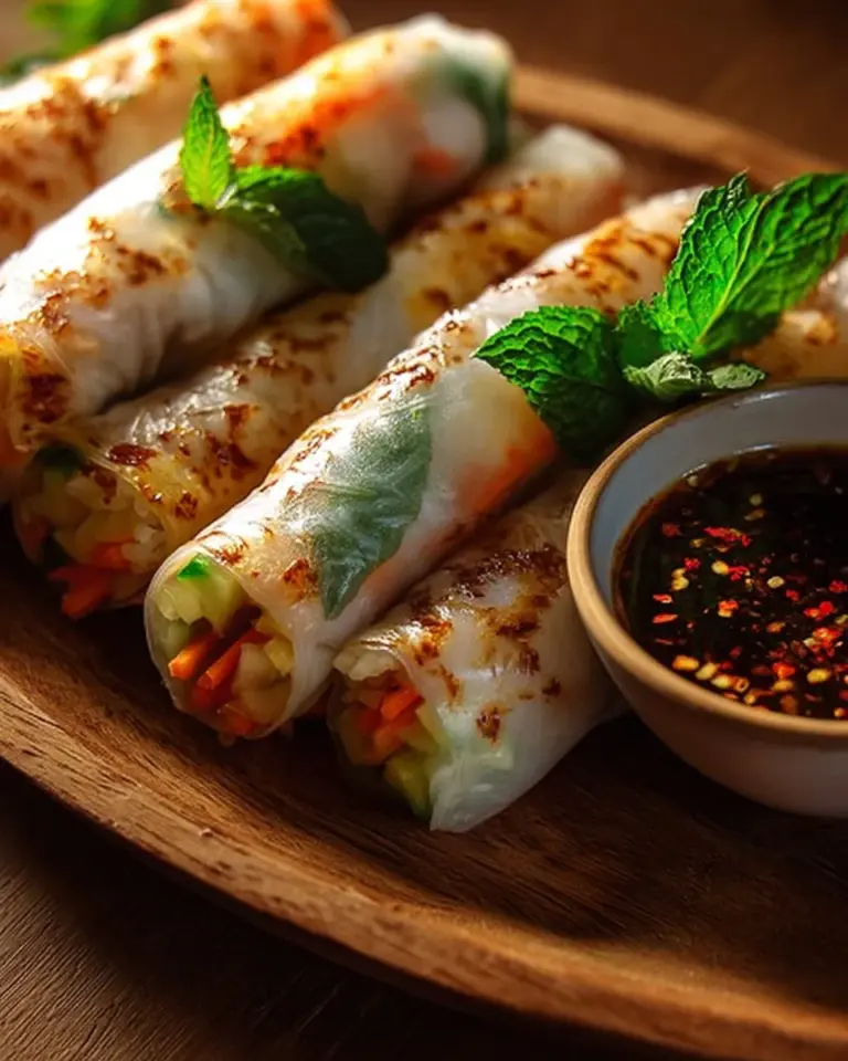 Crispy rice paper spring rolls filled with fresh vegetables and herbs