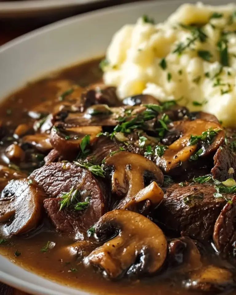 Crock Pot cubed steak with mushroom gravy served in a bowl