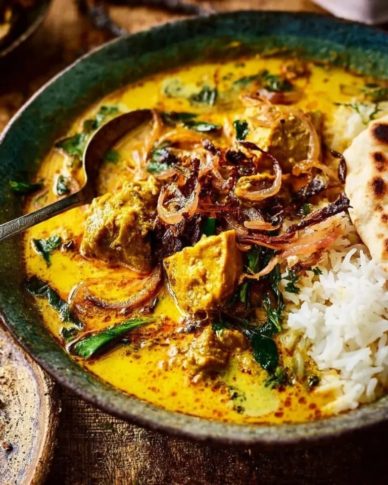 Crockpot Coconut Chicken Curry served in a bowl with fresh herbs