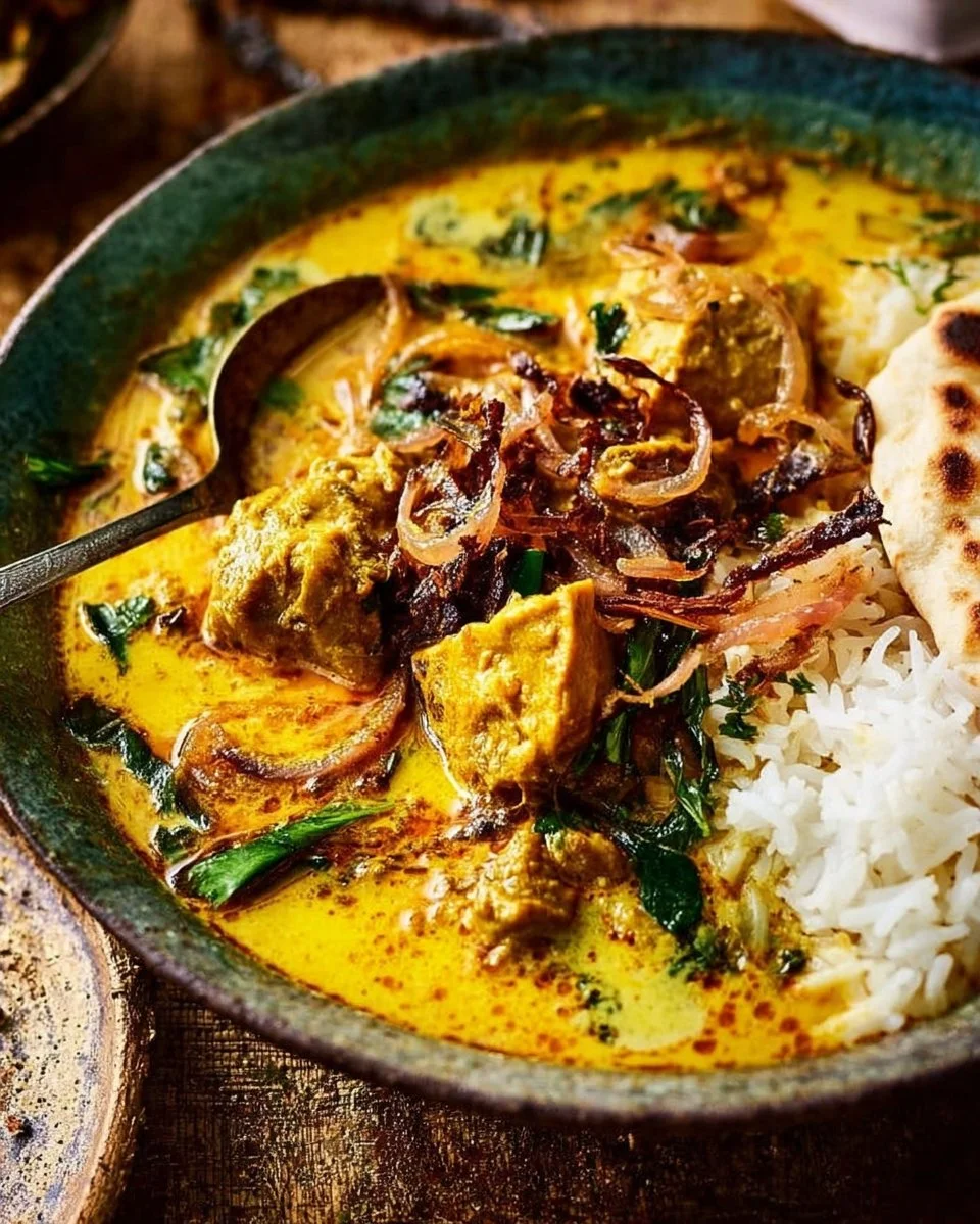 Crockpot Coconut Chicken Curry served in a bowl with fresh herbs