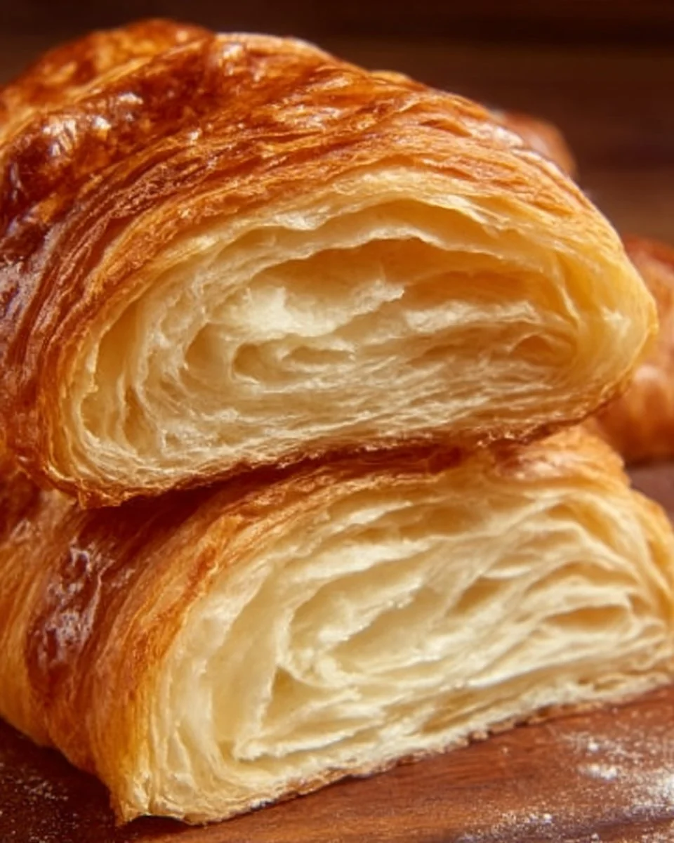 Freshly baked croissant bread loaf with golden flaky layers
