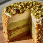 Delicious slice of decadent pistachio cheesecake topped with crushed pistachios