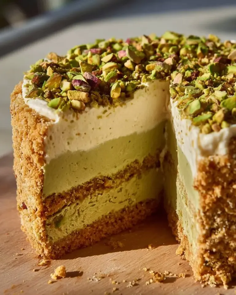 Delicious slice of decadent pistachio cheesecake topped with crushed pistachios