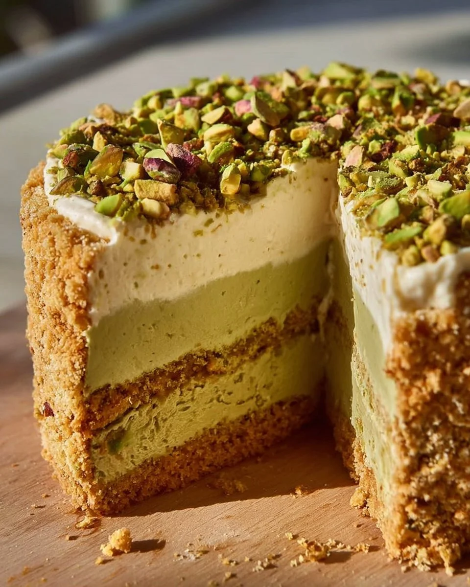 Delicious slice of decadent pistachio cheesecake topped with crushed pistachios