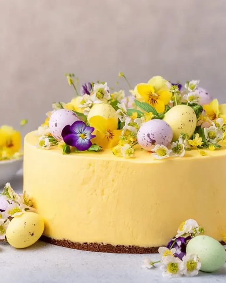 Delicious Easter Cheesecake decorated with pastel colors and festive toppings