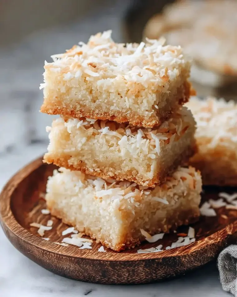 Plate of easy and irresistible coconut bars topped with chocolate drizzle.