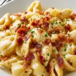 Delicious bowl of easy bacon mac and cheese topped with crispy bacon