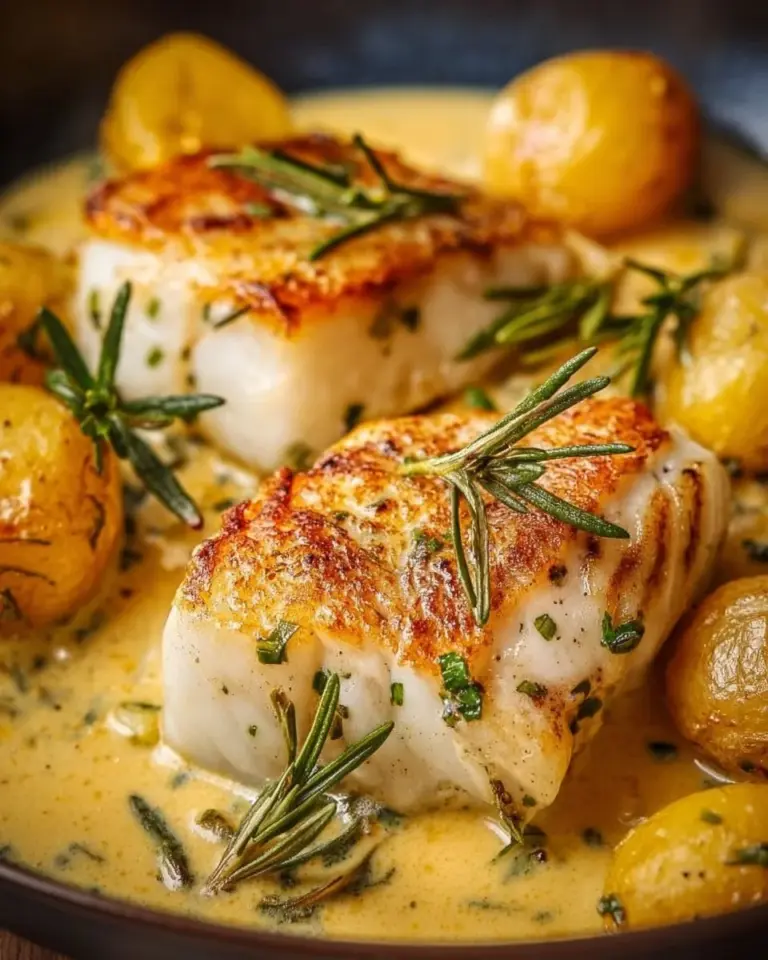 A plated dish of easy baked cod garnished with herbs and lemon slices
