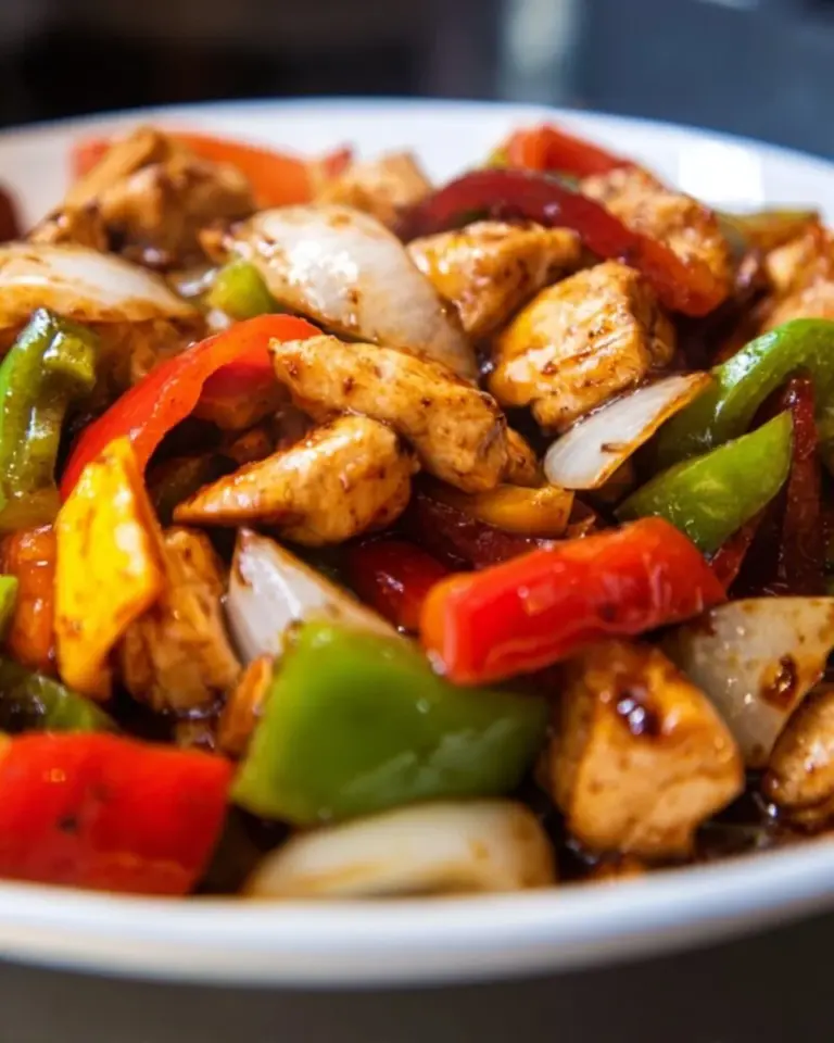 Delicious easy black bean sauce chicken served with vegetables and rice