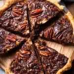 Delicious easy chocolate pecan pie freshly baked and served on a plate.