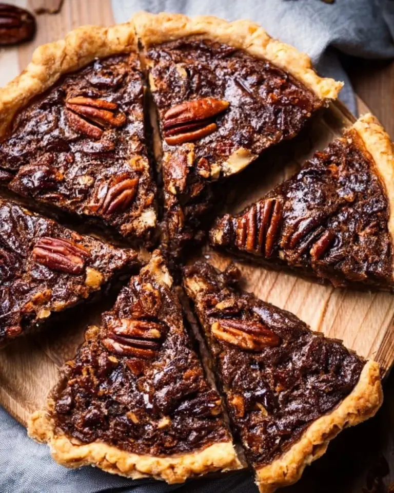 Delicious easy chocolate pecan pie freshly baked and served on a plate.