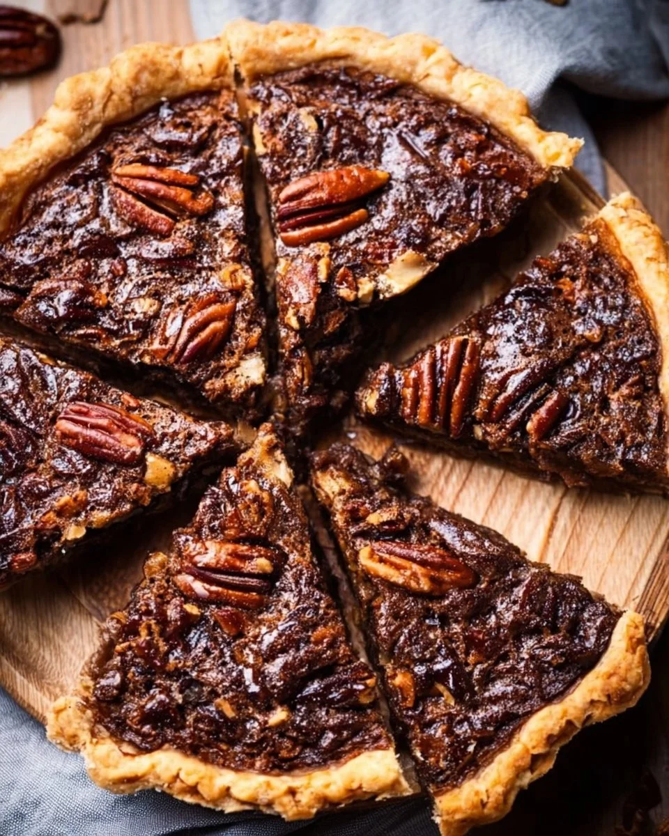 Delicious easy chocolate pecan pie freshly baked and served on a plate.
