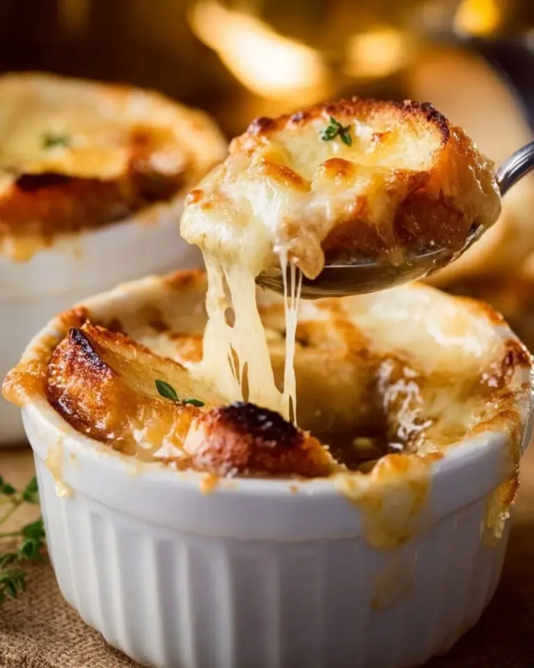 Bowl of easy homemade French onion soup with melted cheese on top