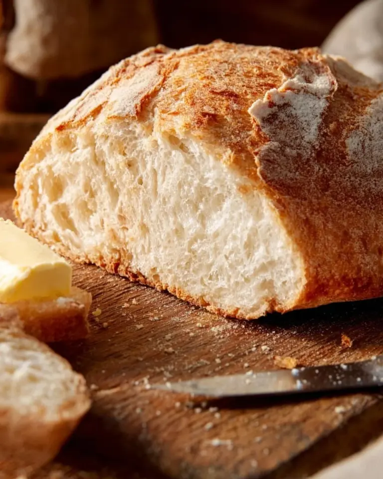 Loaf of easy no-knead gluten-free bread on a wooden cutting board