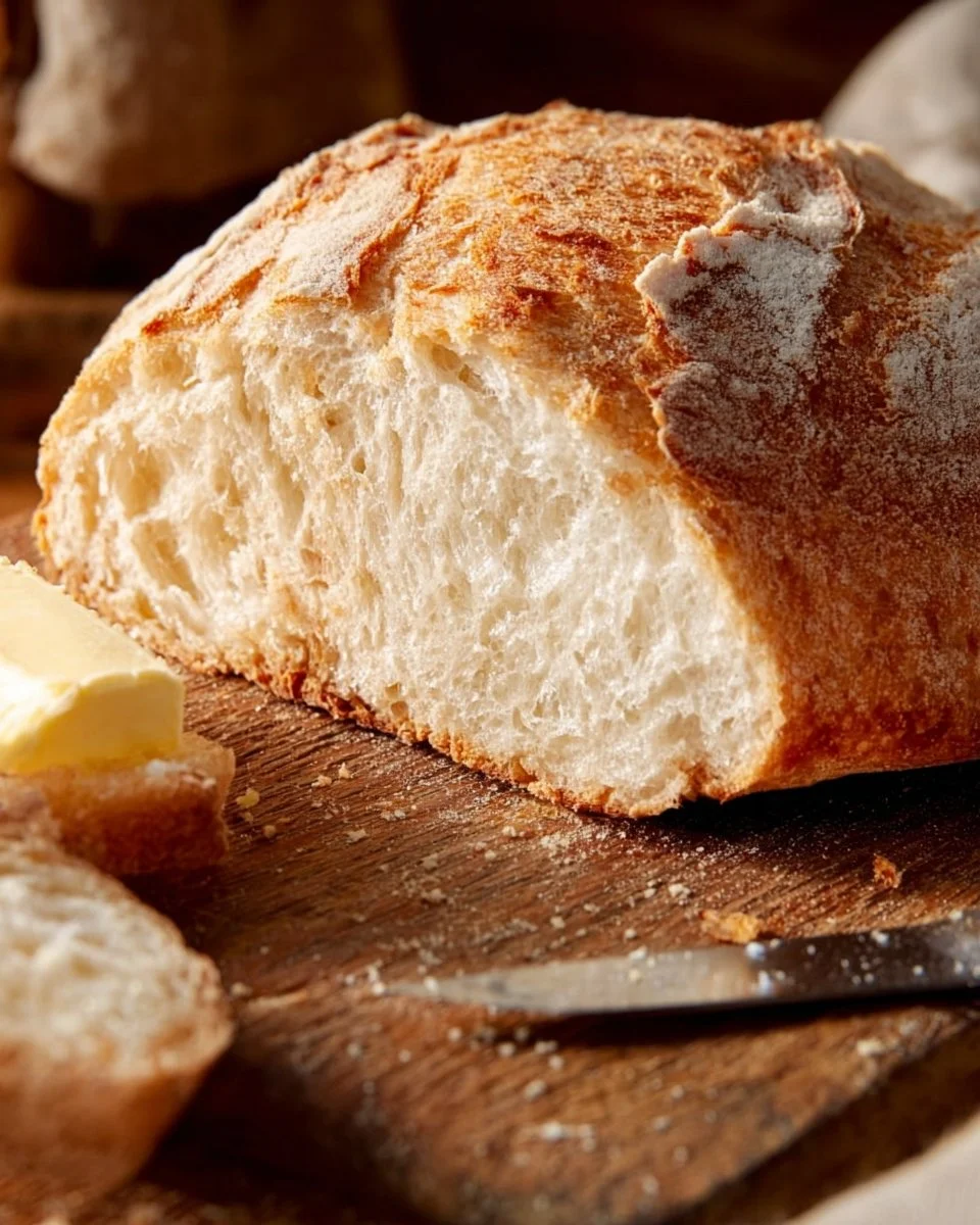 Loaf of easy no-knead gluten-free bread on a wooden cutting board