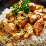 Delicious ranch chicken cooked in a crockpot, garnished with herbs.