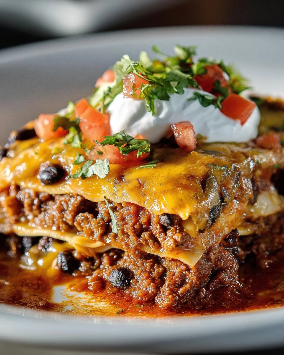 Delicious easy taco lasagna layered with beef, cheese, and taco seasoning.