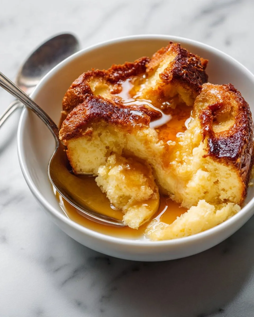 Delicious eggnog bread pudding topped with creamy rum sauce served in a festive dish.