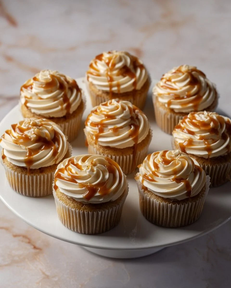 Delicious eggnog cupcakes with caramel buttercream frosting arranged on a festive platter