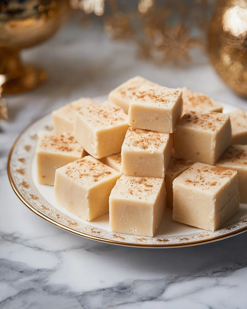 Delicious homemade eggnog fudge decorated with holiday sprinkles