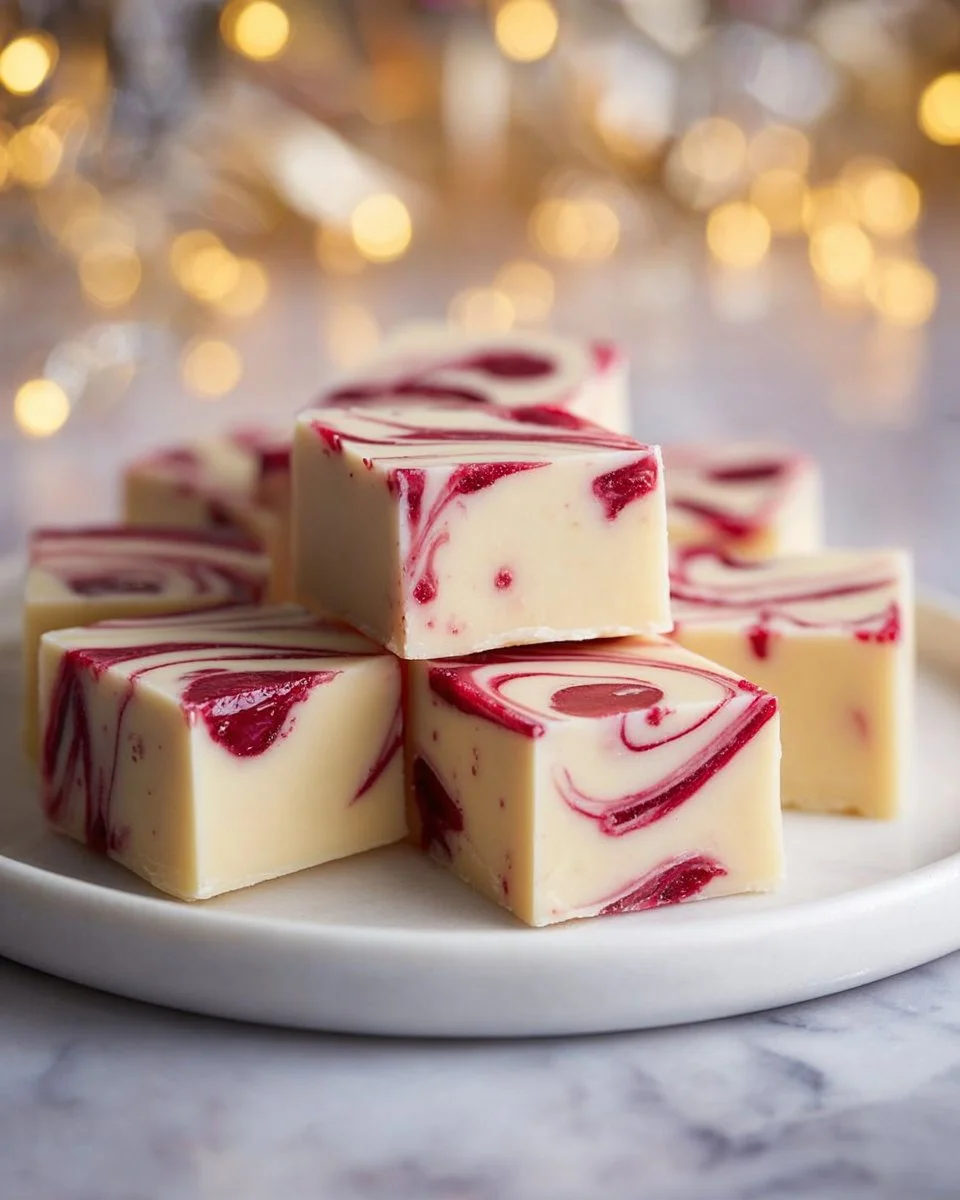 Delicious eggnog fudge with cranberry swirls on a festive plate.