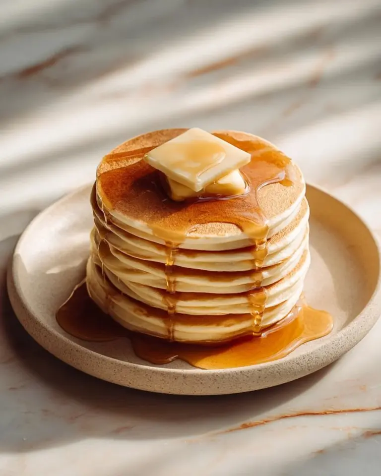 Fluffy eggnog pancakes served with homemade vanilla syrup on a festive plate.