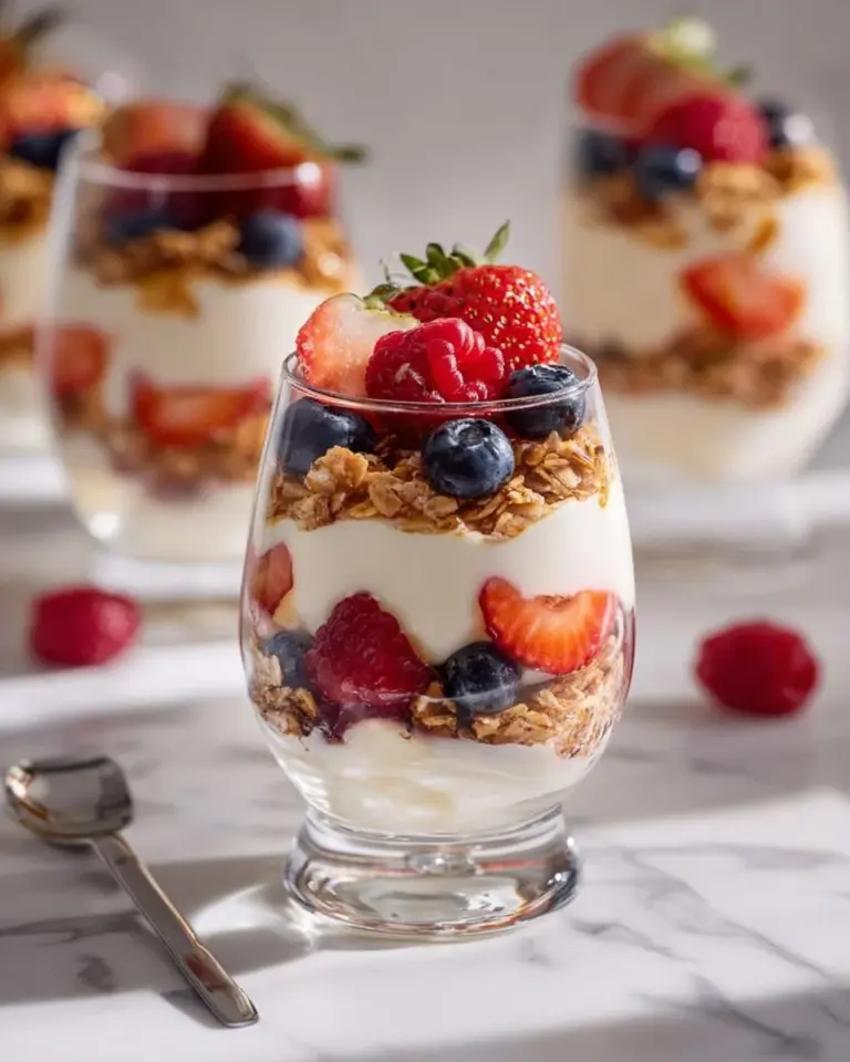 Delicious Eggnog Parfait layered with granola and fresh berries.