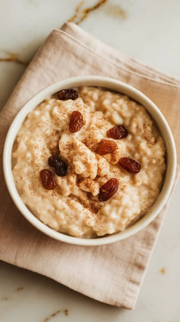Delicious bowl of eggnog rice pudding topped with a sprinkle of nutmeg.