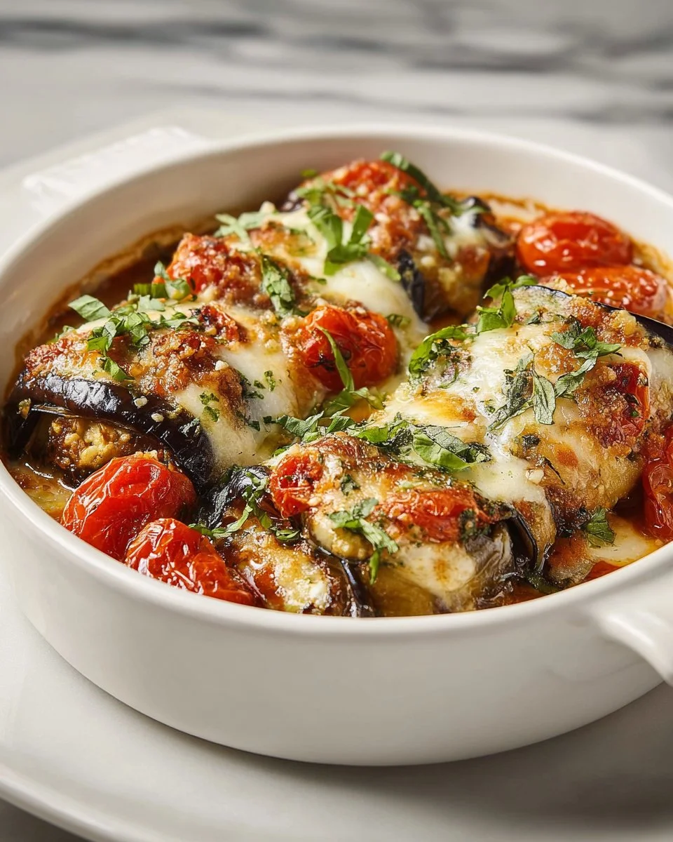 Delicious Eggplant Rollatini stuffed with ricotta cheese and marinara sauce