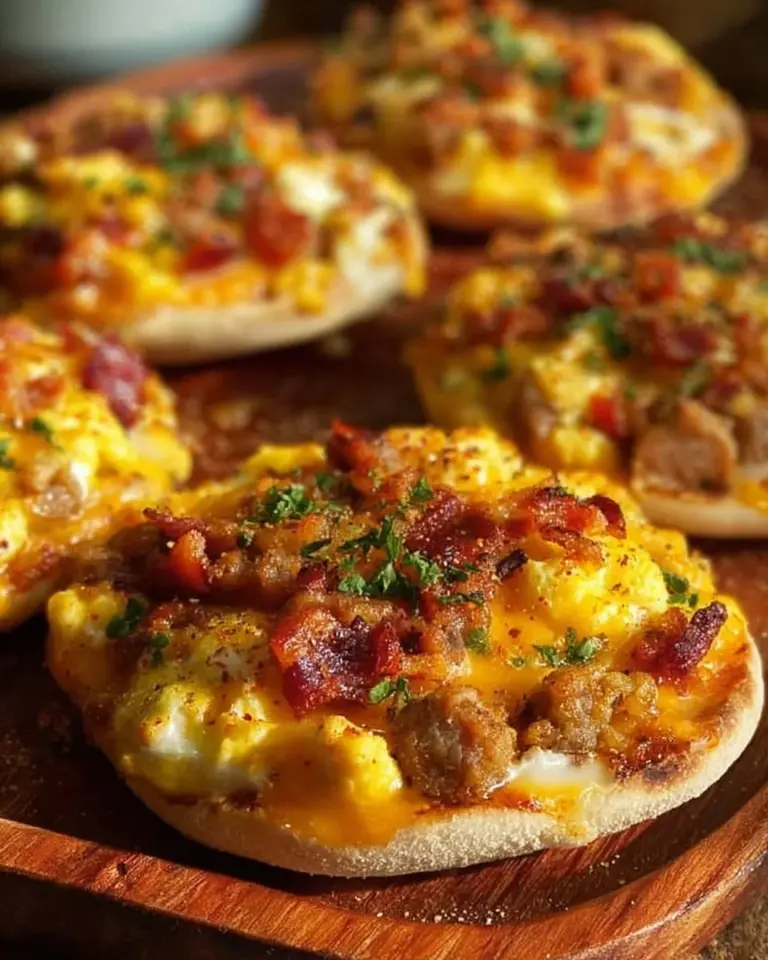 English muffin breakfast pizza topped with cheese and vegetables