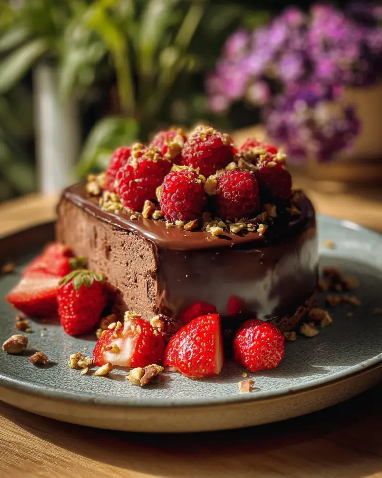 Delicious Ferrero Rocher Cheesecake topped with chocolate and hazelnuts