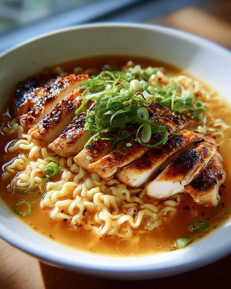 Delicious bowl of fiery chicken ramen topped with fresh vegetables and herbs.