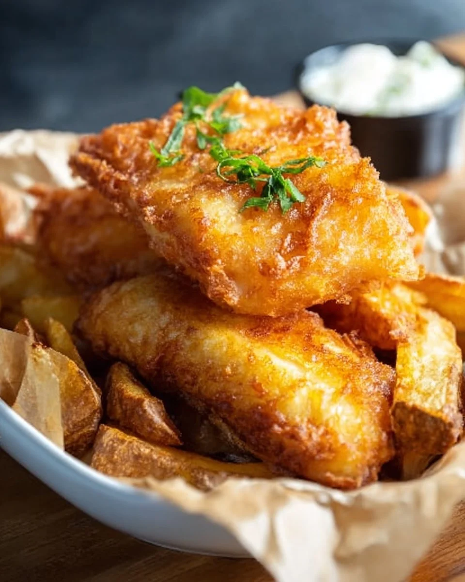 Plate of crispy fish and chips with tartar sauce and lemon wedge