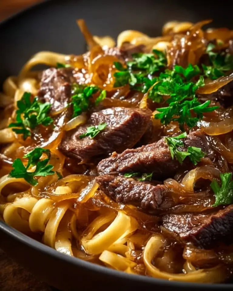 Delicious dish of French onion beef and noodles served in a bowl