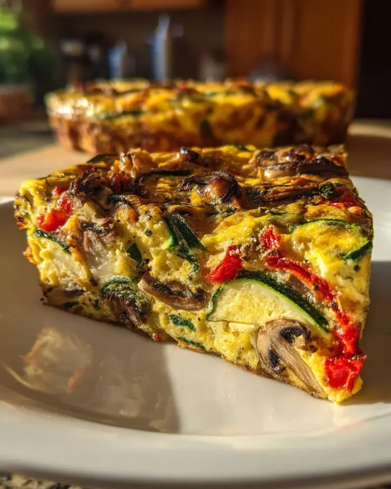 Delicious garden veggie frittata topped with fresh vegetables.