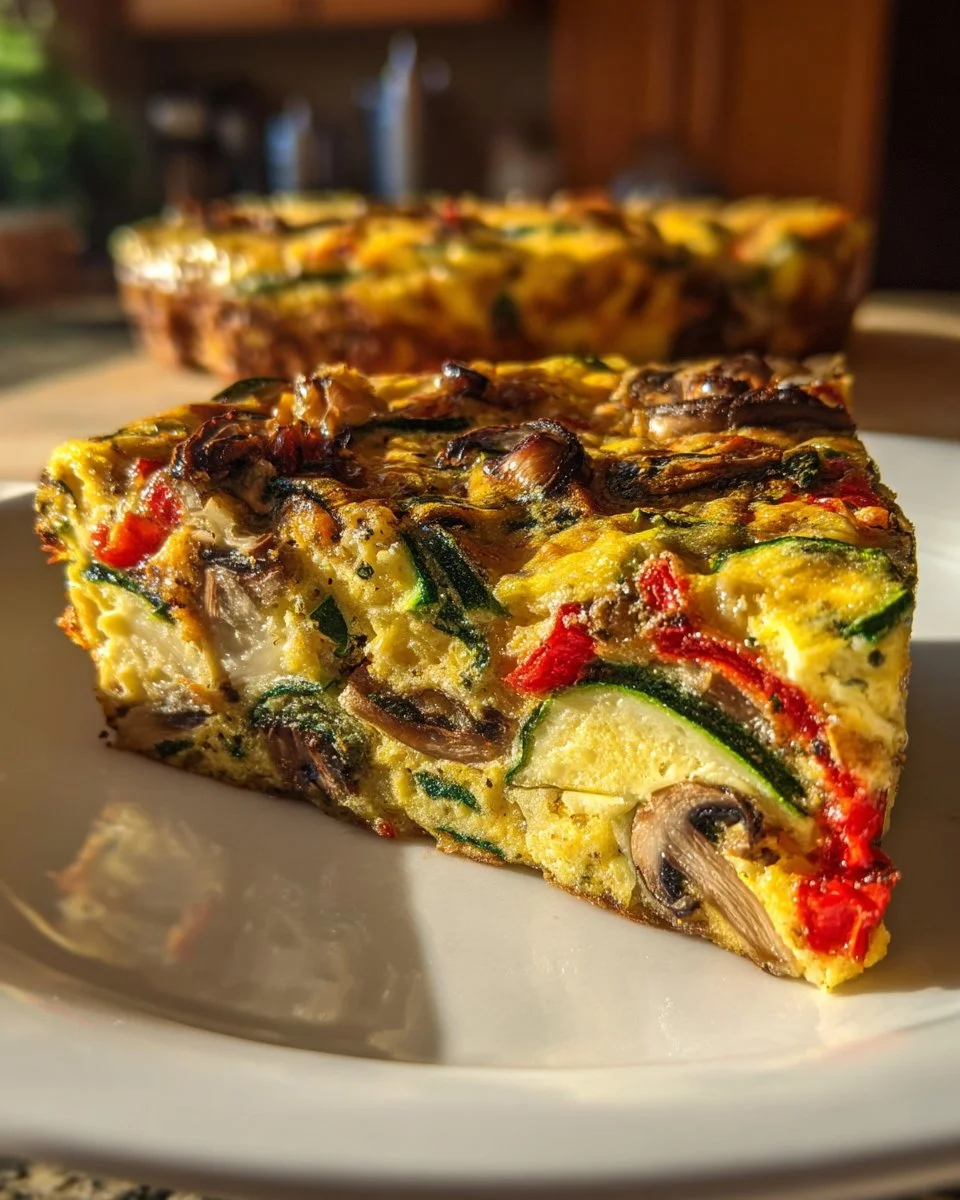 Delicious garden veggie frittata topped with fresh vegetables.