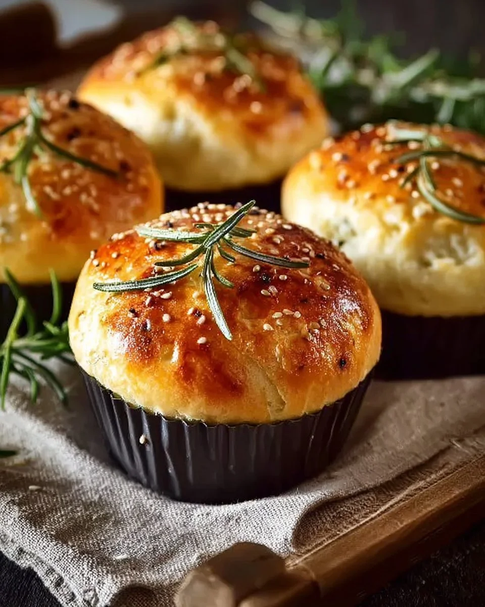 Delicious garlic rosemary focaccia muffins on a rustic wooden table