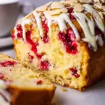 Glazed Cranberry Sauce Coffee Cake topped with a sweet glaze and fresh cranberries