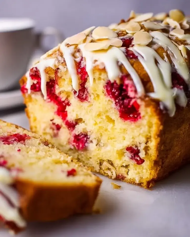 Glazed Cranberry Sauce Coffee Cake topped with a sweet glaze and fresh cranberries