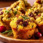 Golden cornbread stuffing bites served on a platter for a festive occasion