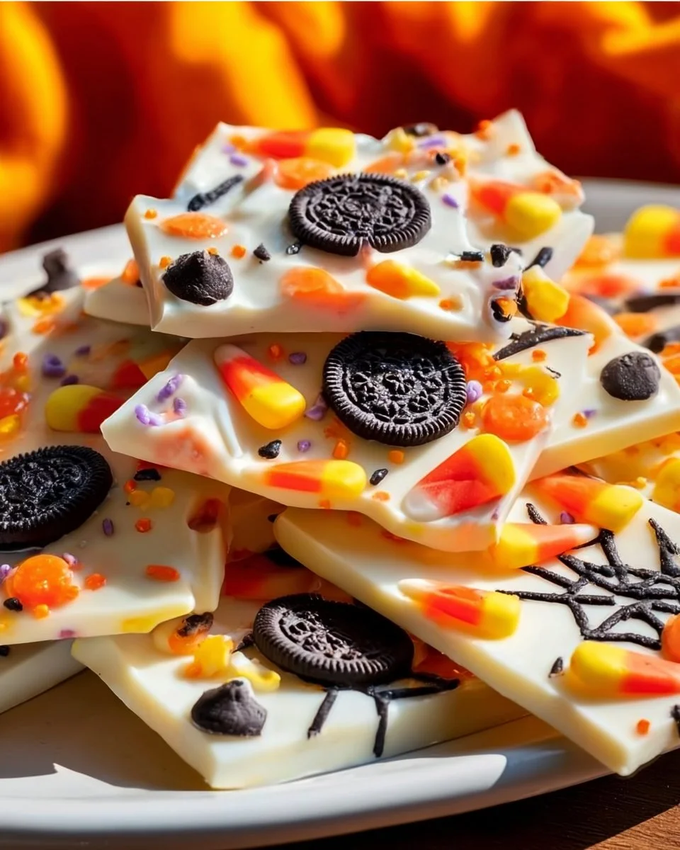 Greek Yogurt Halloween Candy Bark featuring colorful candies and yogurt