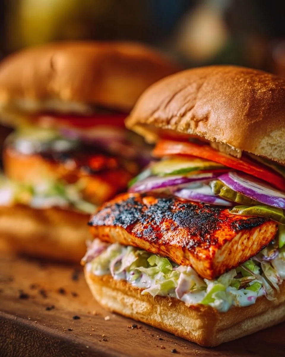 Grilled Buffalo Chicken Sandwich with lettuce and sauce on a wooden board