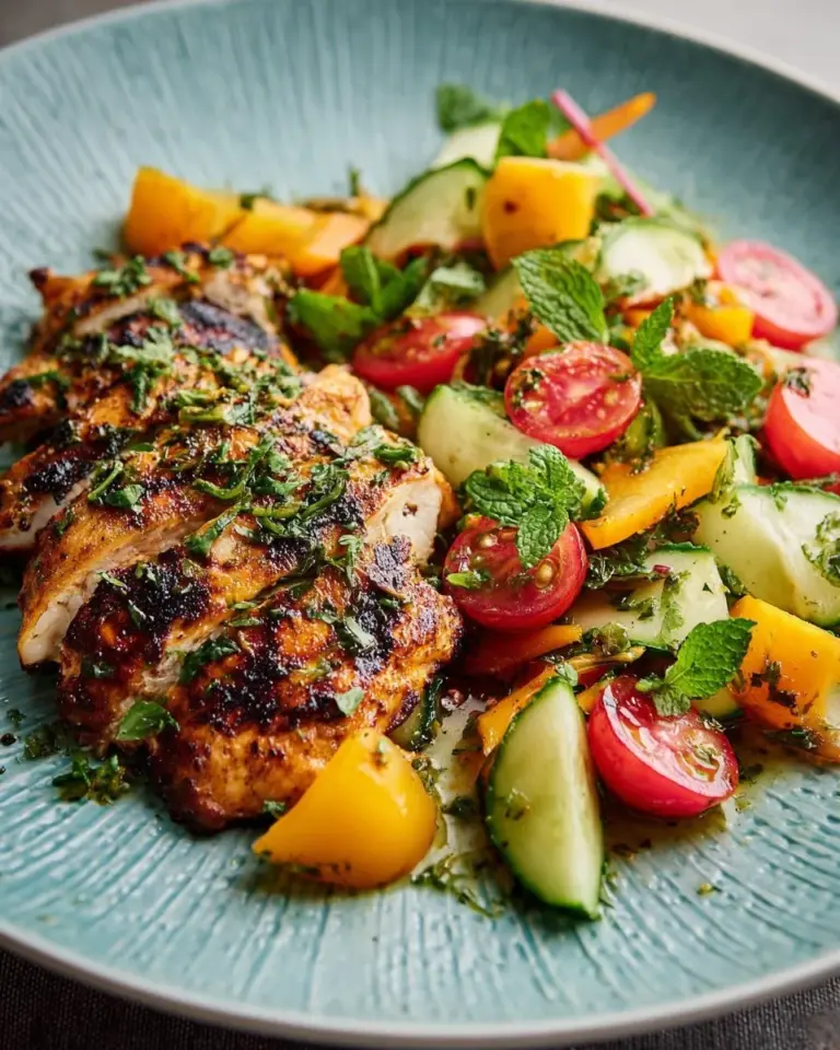 Grilled Honey Mustard Chicken served with a vibrant Peach Salad