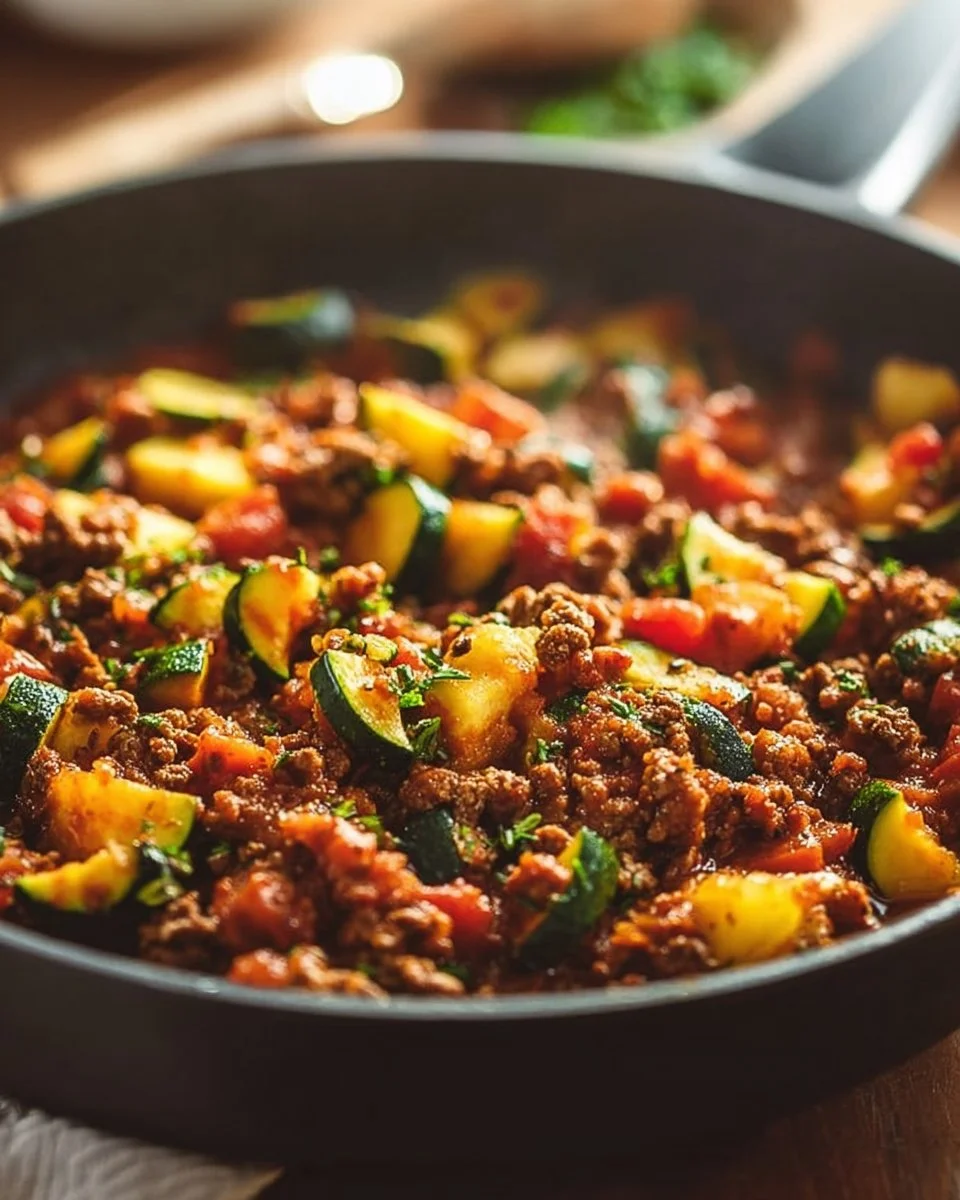 Healthy zucchini beef stir-fry with colorful vegetables and tender beef strips