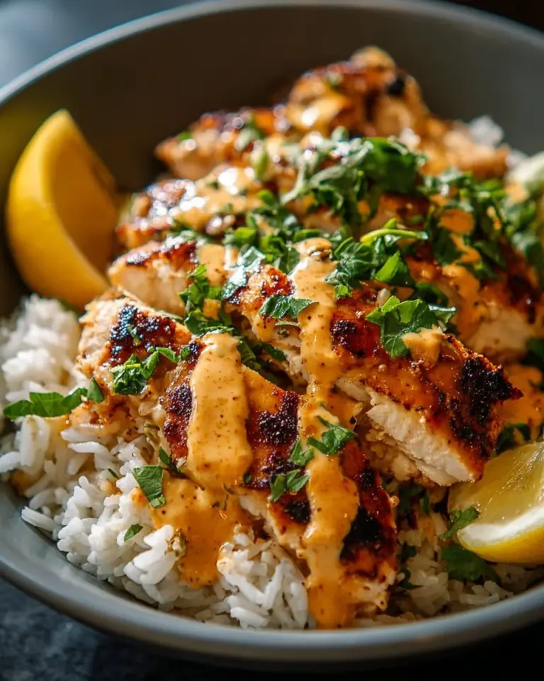 High-protein Bang Bang Chicken rice bowl garnished with fresh vegetables